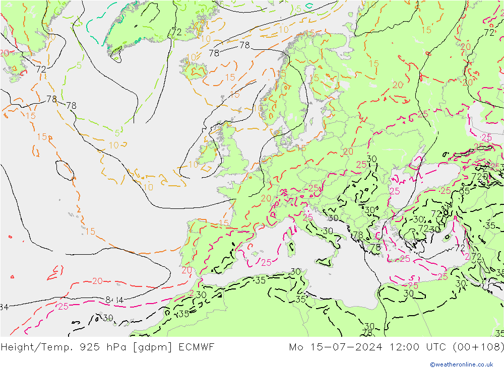 Hoogte/Temp. 925 hPa ECMWF ma 15.07.2024 12 UTC