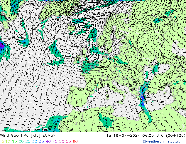 风 950 hPa ECMWF 星期二 16.07.2024 06 UTC