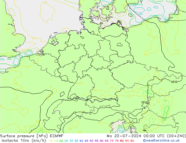 Isotachen (km/h) ECMWF ma 22.07.2024 00 UTC