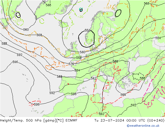 Hoogte/Temp. 500 hPa ECMWF di 23.07.2024 00 UTC