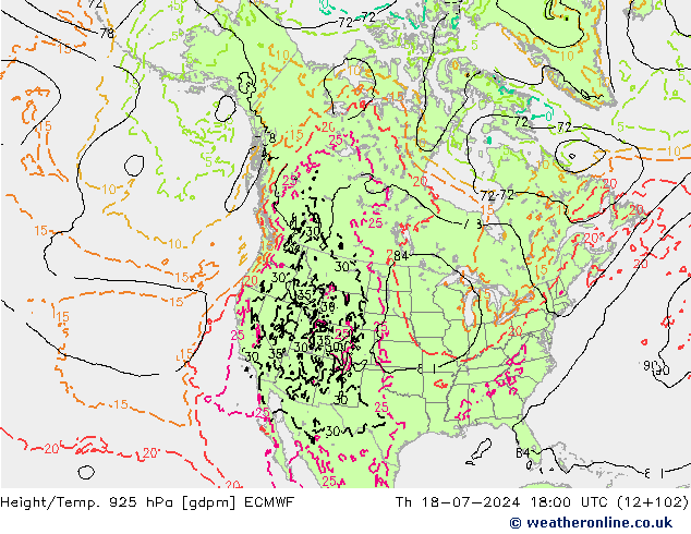Hoogte/Temp. 925 hPa ECMWF do 18.07.2024 18 UTC