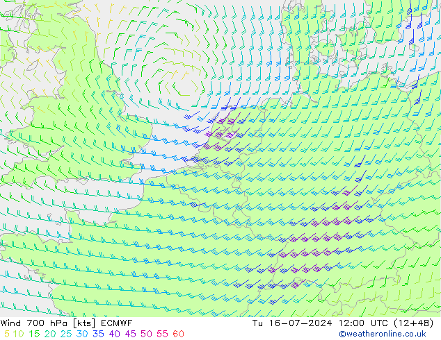 风 700 hPa ECMWF 星期二 16.07.2024 12 UTC