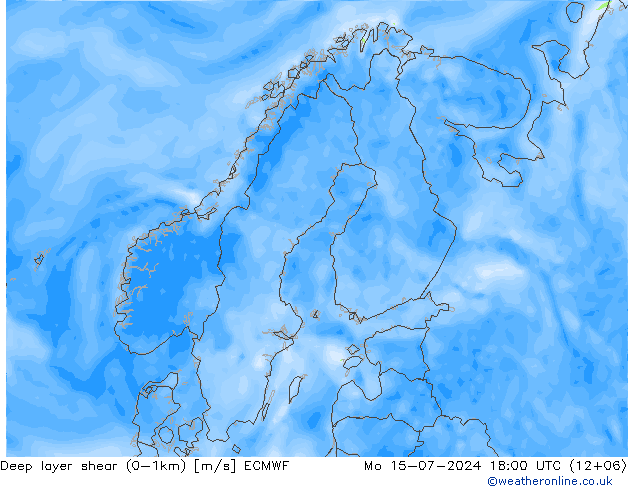 Deep layer shear (0-1km) ECMWF 星期一 15.07.2024 18 UTC