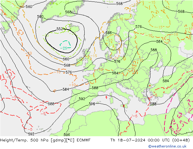 Z500/Rain (+SLP)/Z850 ECMWF 星期四 18.07.2024 00 UTC