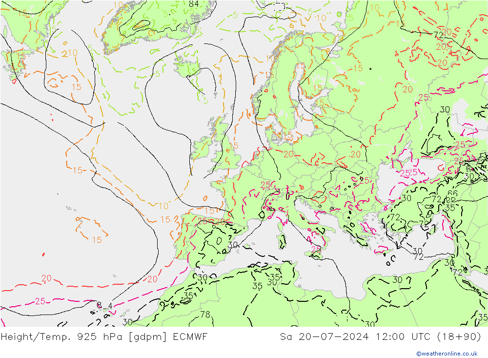 Height/Temp. 925 hPa ECMWF 星期六 20.07.2024 12 UTC