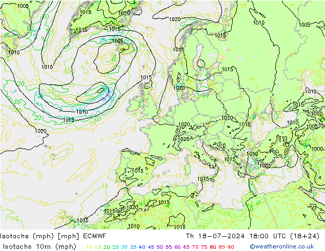 Isotachen (mph) ECMWF do 18.07.2024 18 UTC