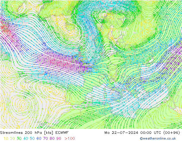 风 200 hPa ECMWF 星期一 22.07.2024 00 UTC