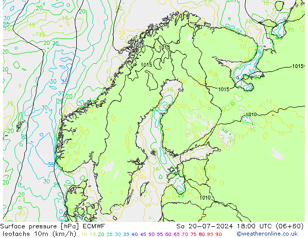 10米等风速线 (kph) ECMWF 星期六 20.07.2024 18 UTC