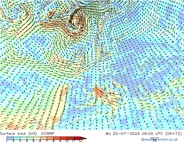 Wind 10 m (bft) ECMWF ma 22.07.2024 06 UTC