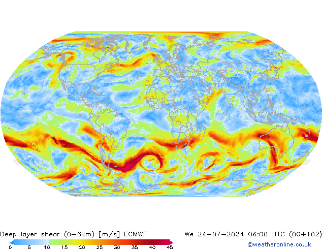Deep layer shear (0-6km) ECMWF 星期三 24.07.2024 06 UTC