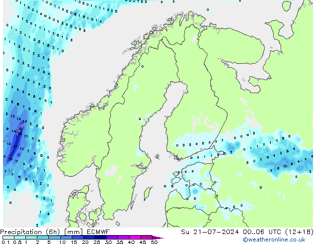 降水量 (6h) ECMWF 星期日 21.07.2024 06 UTC