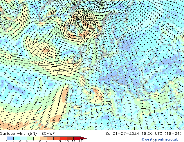 Wind 10 m (bft) ECMWF zo 21.07.2024 18 UTC