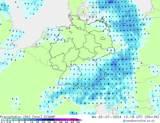 Totale neerslag (6h) ECMWF ma 22.07.2024 18 UTC