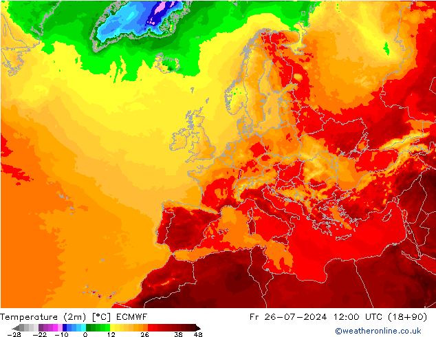 Temperatuurkaart (2m) ECMWF vr 26.07.2024 12 UTC