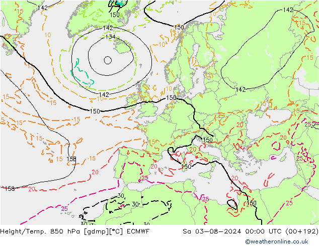 Height/Temp. 850 hPa ECMWF 星期六 03.08.2024 00 UTC