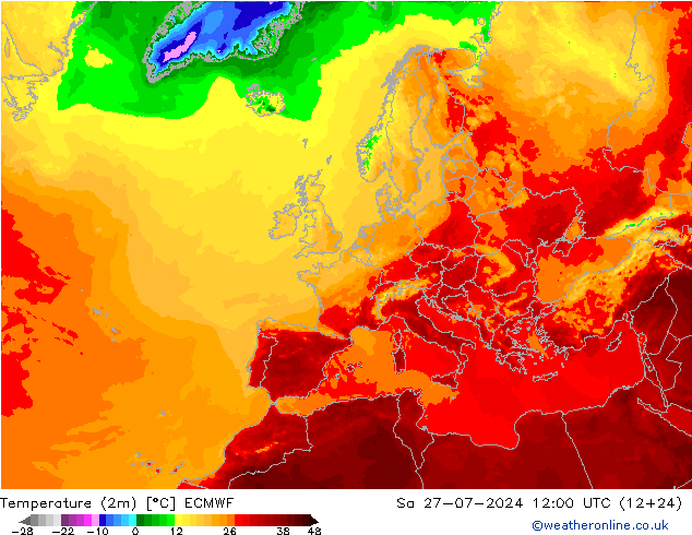 Temperatuurkaart (2m) ECMWF za 27.07.2024 12 UTC
