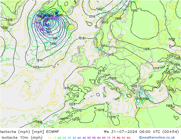 Isotachs (mph) ECMWF 星期三 31.07.2024 06 UTC