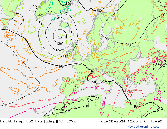 Hoogte/Temp. 850 hPa ECMWF vr 02.08.2024 12 UTC