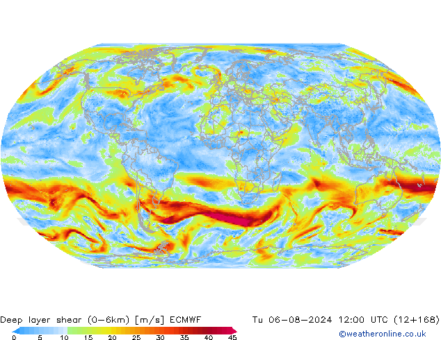 Deep layer shear (0-6km) ECMWF di 06.08.2024 12 UTC