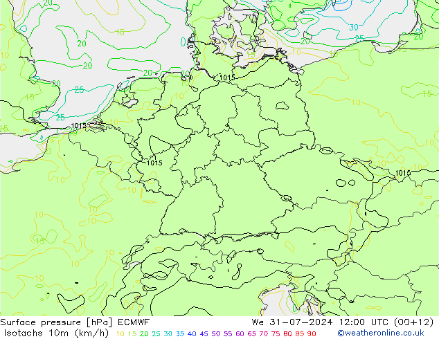 10米等风速线 (kph) ECMWF 星期三 31.07.2024 12 UTC