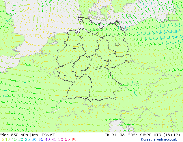 风 850 hPa ECMWF 星期四 01.08.2024 06 UTC