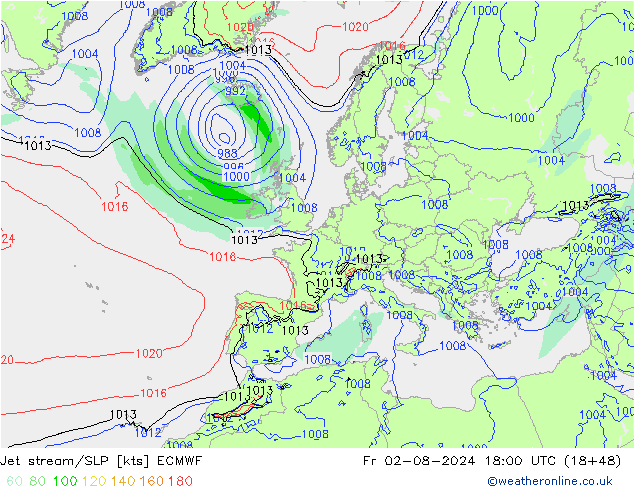 高速氣流/地面气压 ECMWF 星期五 02.08.2024 18 UTC