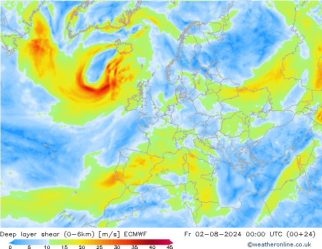 Deep layer shear (0-6km) ECMWF vr 02.08.2024 00 UTC