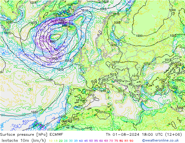 Isotachen (km/h) ECMWF do 01.08.2024 18 UTC