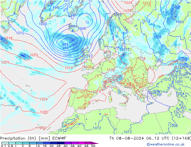 Z500/Rain (+SLP)/Z850 ECMWF 星期四 08.08.2024 12 UTC