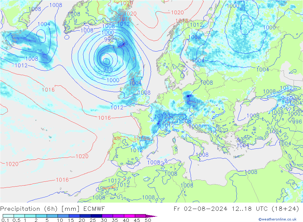 Z500/Rain (+SLP)/Z850 ECMWF 星期五 02.08.2024 18 UTC