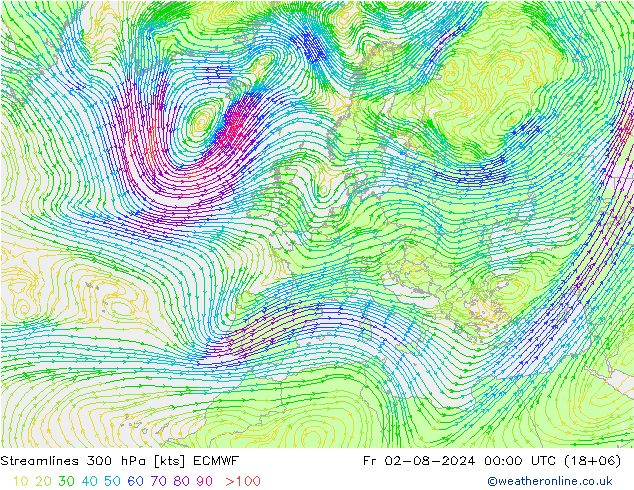 Stroomlijn 300 hPa ECMWF vr 02.08.2024 00 UTC