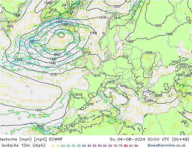 Isotachen (mph) ECMWF zo 04.08.2024 00 UTC