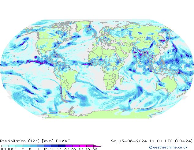 降水量 (12h) ECMWF 星期六 03.08.2024 00 UTC