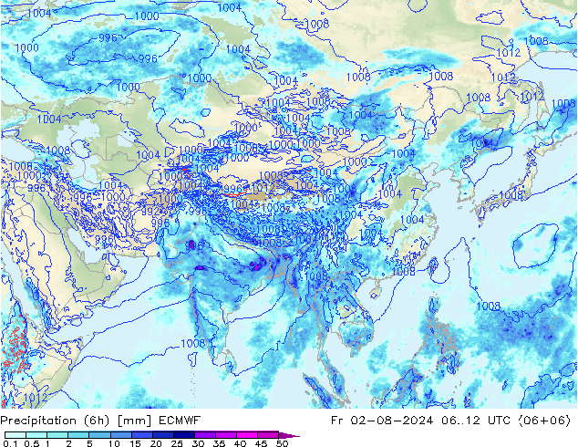 Totale neerslag (6h) ECMWF vr 02.08.2024 12 UTC