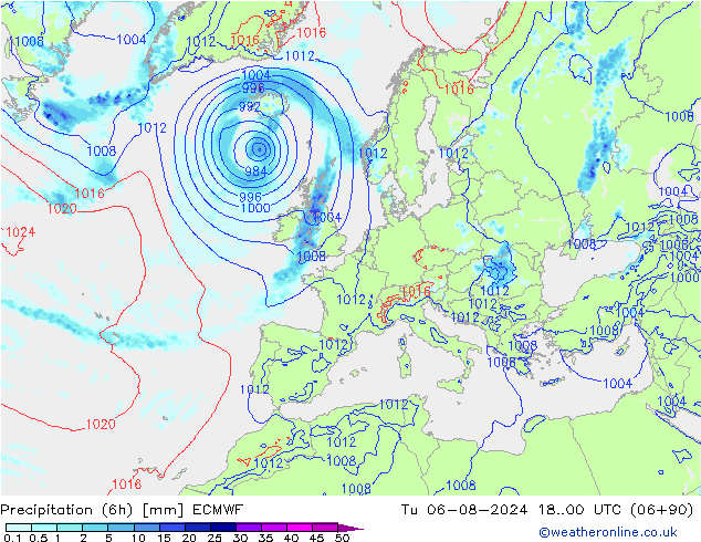 降水量 (6h) ECMWF 星期二 06.08.2024 00 UTC