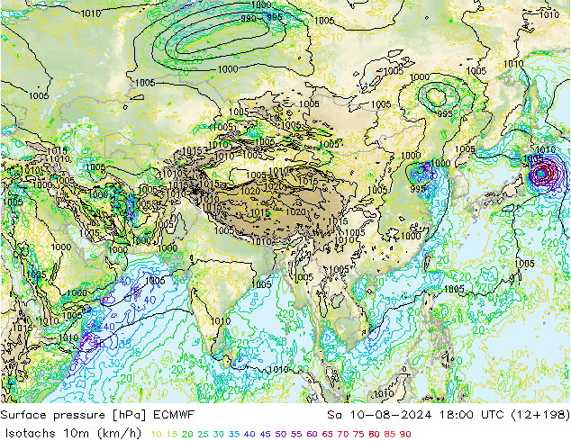 Isotachen (km/h) ECMWF za 10.08.2024 18 UTC