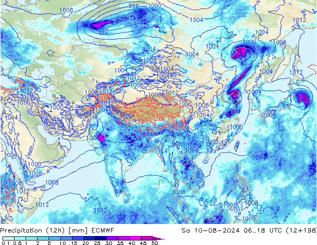 Totale neerslag (12h) ECMWF za 10.08.2024 18 UTC