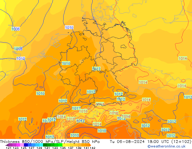 Dikte 850-1000 hPa ECMWF di 06.08.2024 18 UTC