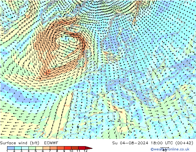 Wind 10 m (bft) ECMWF zo 04.08.2024 18 UTC