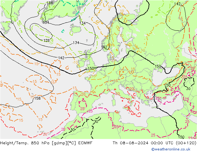 Z500/Rain (+SLP)/Z850 ECMWF 星期四 08.08.2024 00 UTC