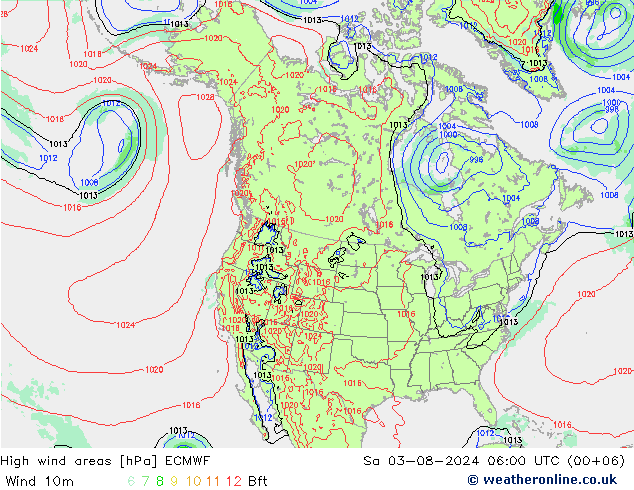 High wind areas ECMWF 星期六 03.08.2024 06 UTC
