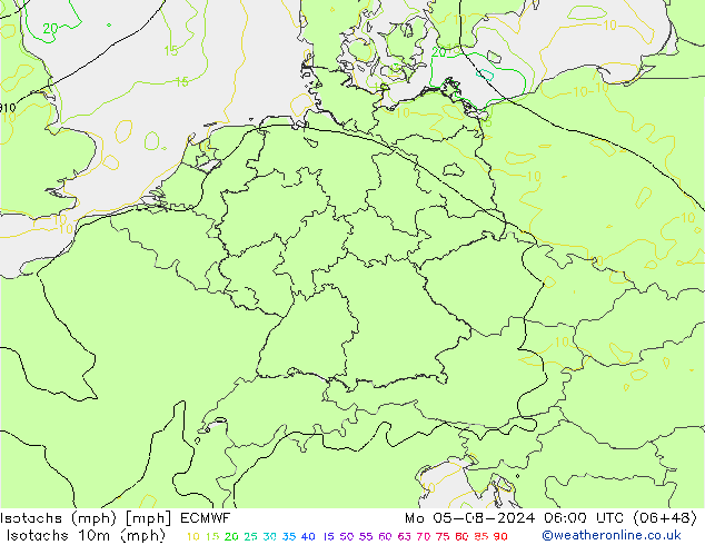 Isotachen (mph) ECMWF ma 05.08.2024 06 UTC