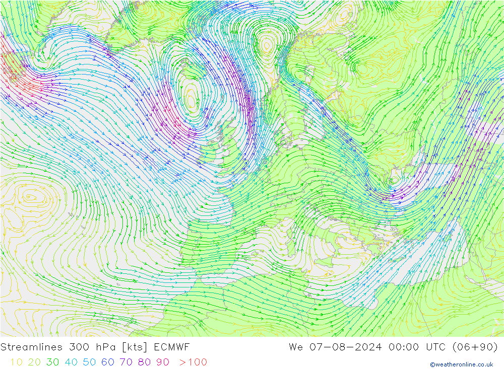 风 300 hPa ECMWF 星期三 07.08.2024 00 UTC