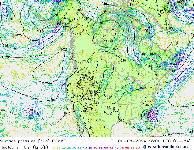 10米等风速线 (kph) ECMWF 星期二 06.08.2024 18 UTC