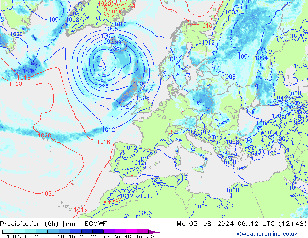 Z500/Regen(+SLP)/Z850 ECMWF ma 05.08.2024 12 UTC