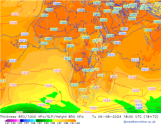 Dikte 850-1000 hPa ECMWF di 06.08.2024 18 UTC