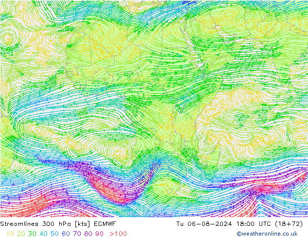 Stroomlijn 300 hPa ECMWF di 06.08.2024 18 UTC