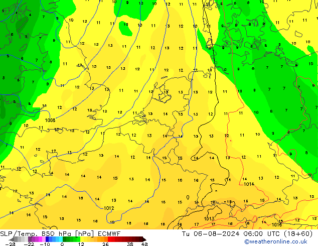 SLP/Temp. 850 hPa ECMWF 星期二 06.08.2024 06 UTC