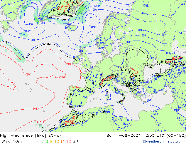 High wind areas ECMWF 星期日 11.08.2024 12 UTC
