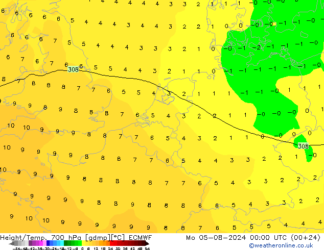 Height/Temp. 700 hPa ECMWF 星期一 05.08.2024 00 UTC